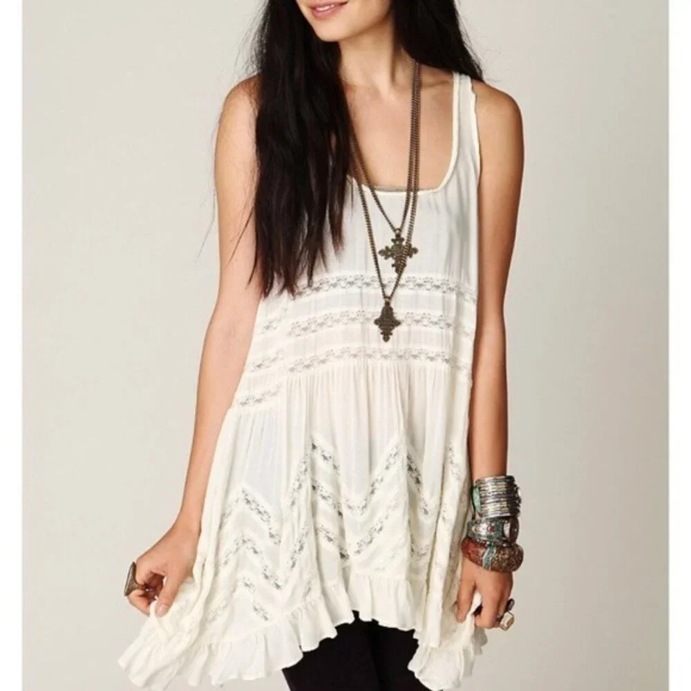 Free People White Voile & Lace Trapeze Slip Dress | Boho Cottagecore Grunge M - Picture 16 of 16